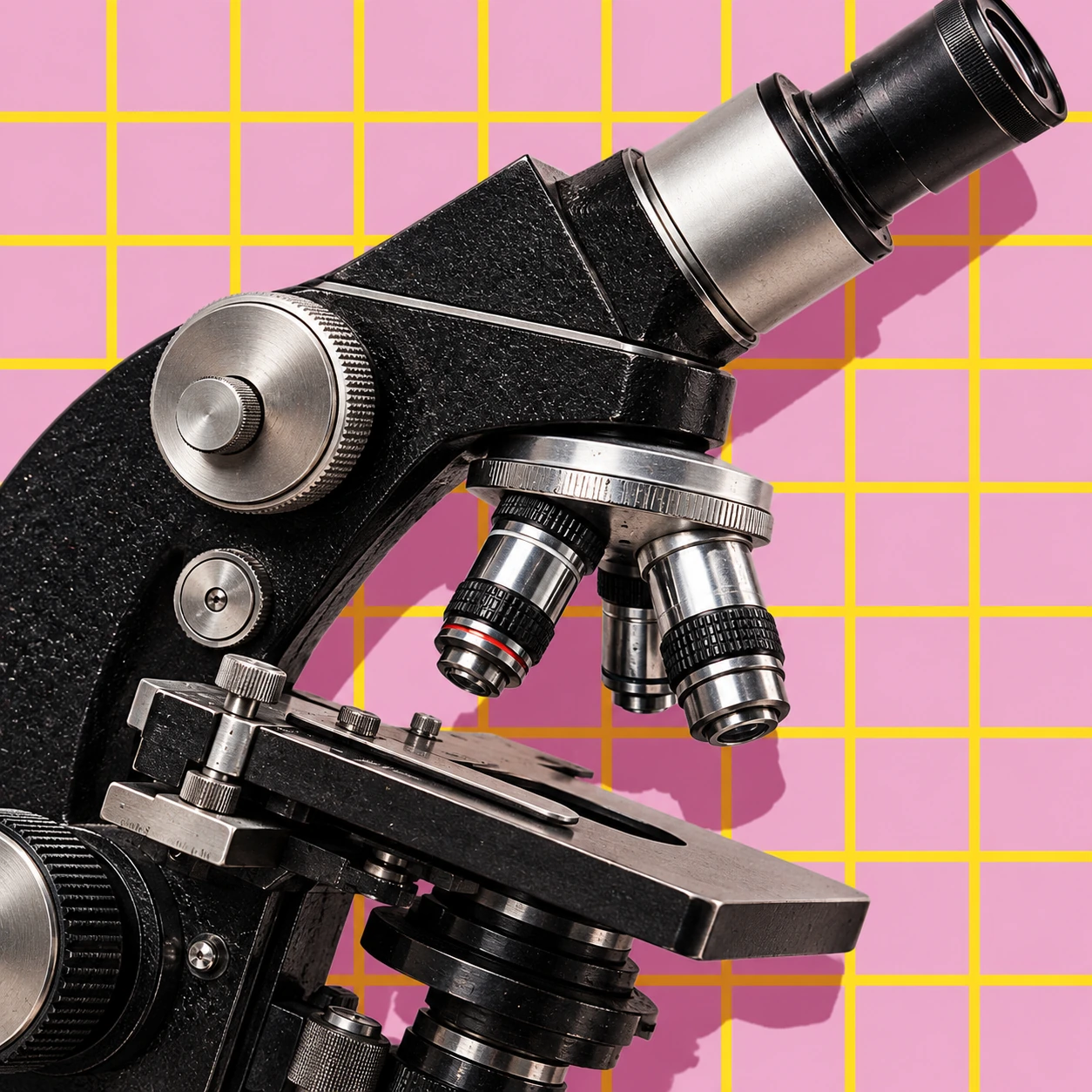 Microscope vintage sur fond rose quadrillé