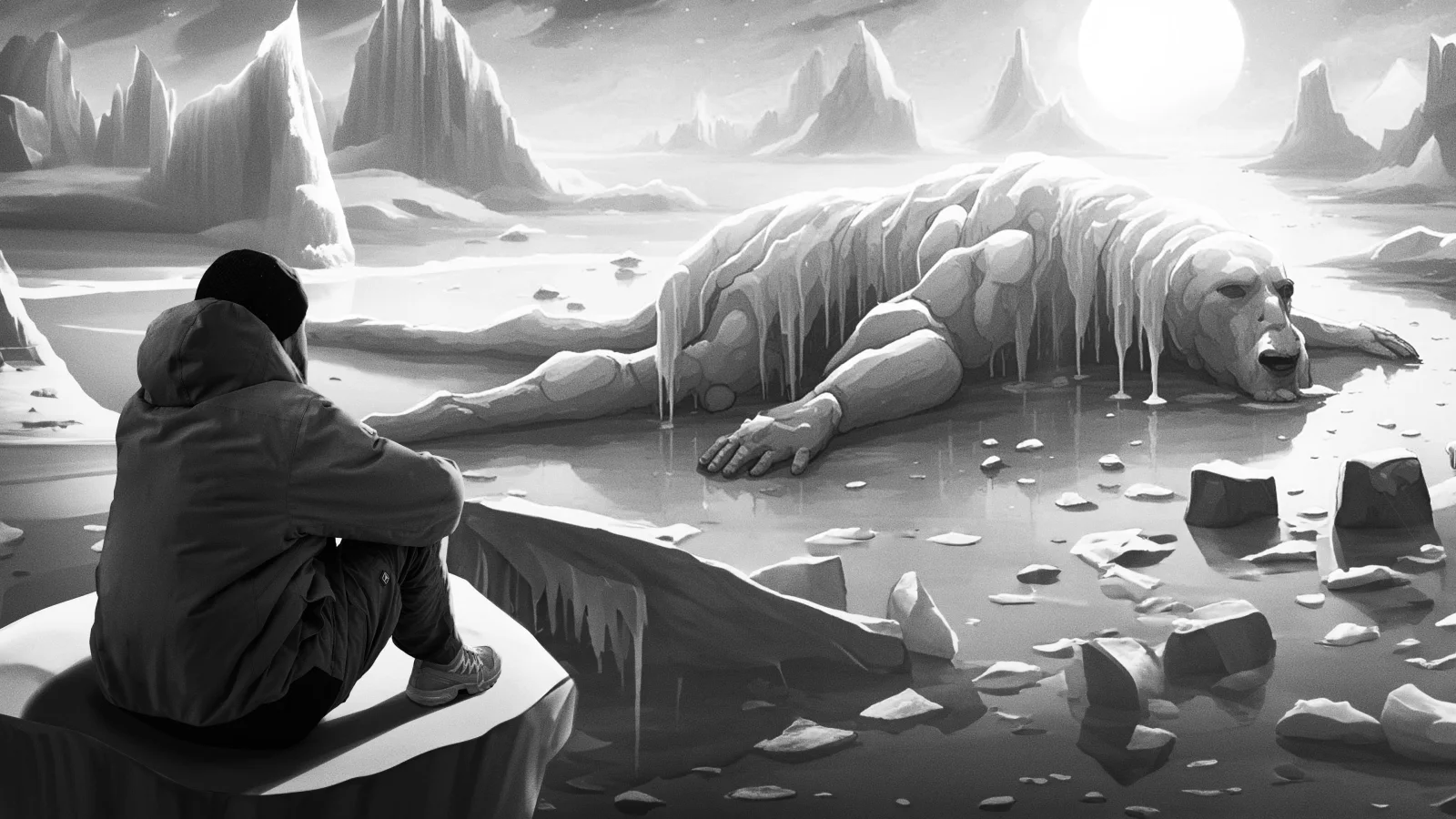 Le Grand JD face à un paysage de glaciers en fonte